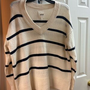 aerie Cream and Navy Striped V-Neck Sweater